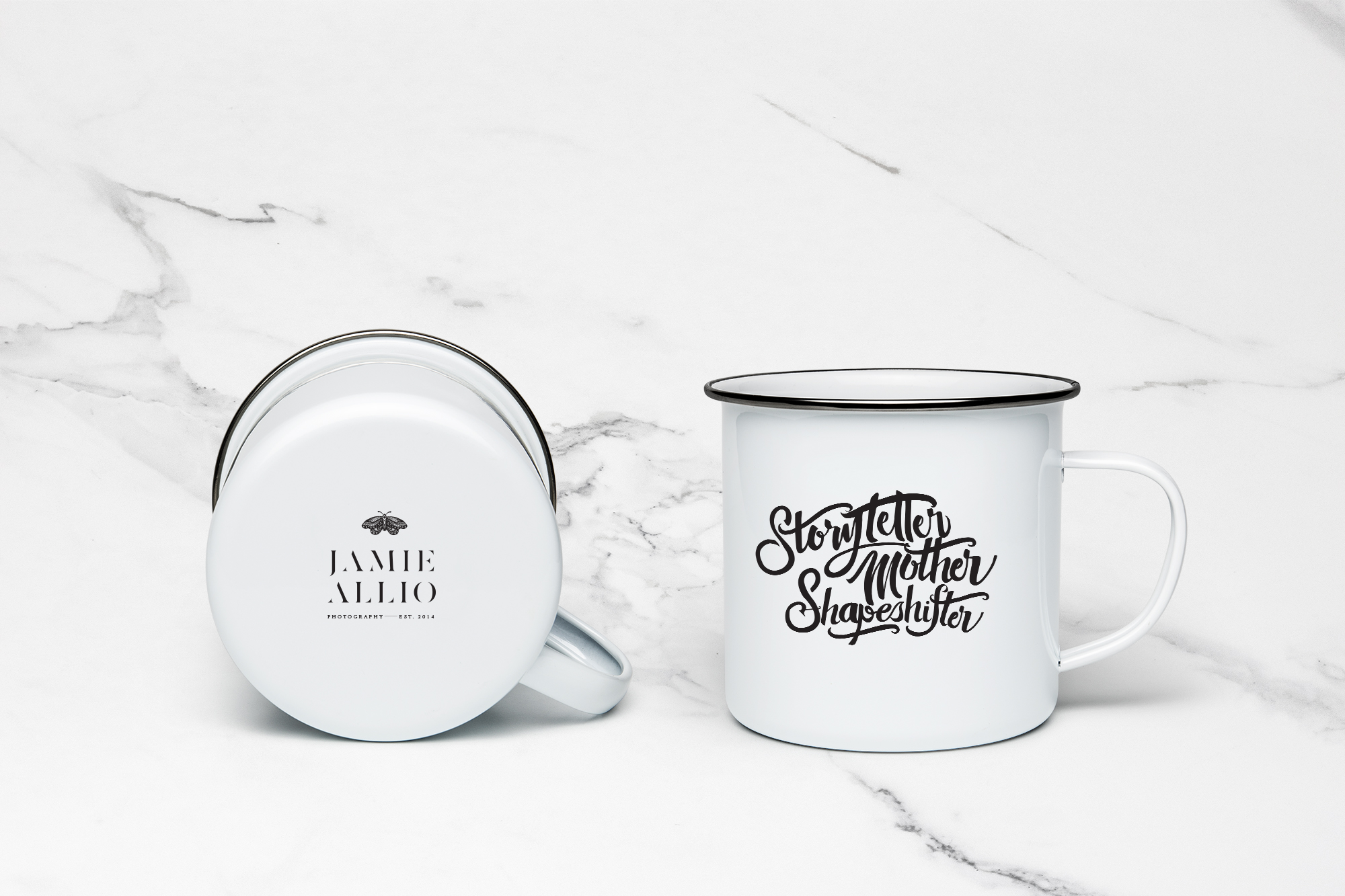 Enamel Mug Design and Brand Identity Design for Photographer Jamie Allio by Amarie Design Co.