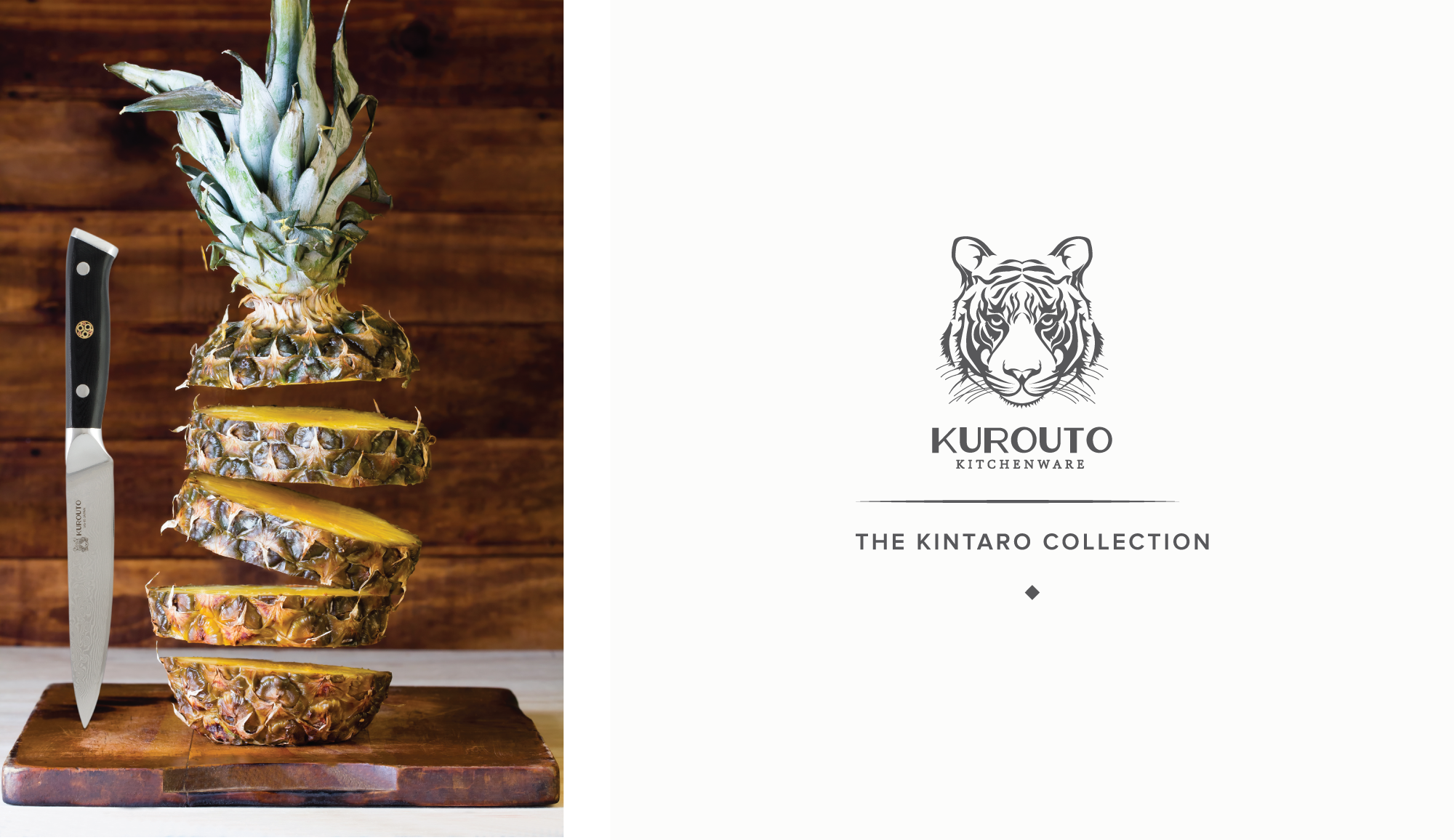 Kurouto Kitchenware Logo and Utility Knife Slicing a Pineapple